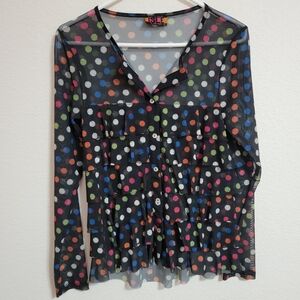 Isle Sheer Mesh Ruffle Blouse with MultiColor Polka Dots